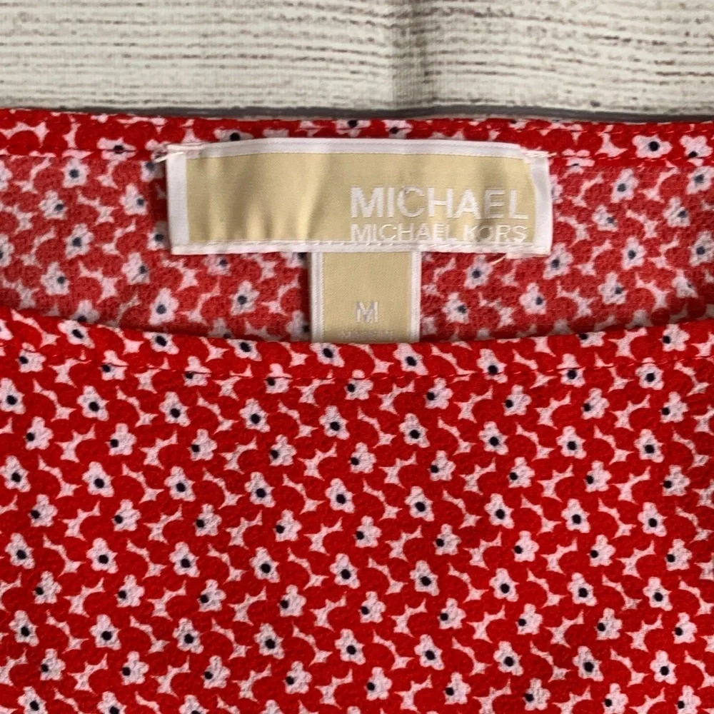 Michael Kors Dolman Sleeve Red Floral Patterned Blouse Gold Logo Accents